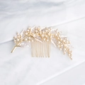 Pettine per capelli sposa dorato con foglie smaltate bianche e perline - Oro