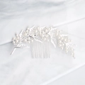 Elegante pettine da sposa argento con design a foglie delicate, perle e strass luccicanti - Argento