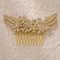 Elegant gold flower hair comb with sparkling white rhinestones for wedding hairstyles - Gold Three Main Flower Radiating Wing Hair Comb (HS-J7011G)
