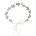 Elegant bridal hairband with golden rhinestone leaves and white organza ribbon ties - Leaf Style (HS-J5025G)