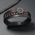 Bracciale multistrato vintage in pelle da uomo con un ciondolo a bussola vichinga - Stile Bussola Vichinga / caffè