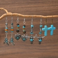 Bohemian turquoise drop earrings set with vintage feathers bull head and cross charms - 4 Pairs Mixed Set