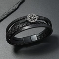 Bracciale bussola vintage in pelle da uomo con cordini intrecciati e chiusura magnetica - Stile Bussola Vichinga / Nero