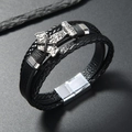 Bracciale multistrato in pelle da uomo con ciondolo martello di Thor Mjölnir argento - Nero