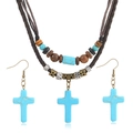 Detailed view of turquoise cross pendant with layered beaded necklace and hook earrings - Cross Style (Style 4)