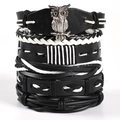 Punk owl charm multilayer leather bracelet set for men featuring vintage silver wing accents - Owl Pendant Style (TZ6-A01)