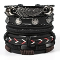 Bracciale multistrato in pelle da uomo con ciondolo a piuma vintage e borchie a stella - Stile Teschio Piuma Stella (TZ5-A01)
