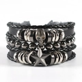 Macro shot of multi-layer punk leather bracelet with skull and star metal charms - Punk Skull Multi-layer Bracelet (TZ3 C01)