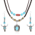 Western turquoise beaded leather necklace set with bull head earrings for women and men - Bull Head Style (Style 1)