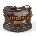 Mehrlagiges Lederarmband-Set für Herren mit silbernem Flügelanhänger und Perlen - Federflügel-Anhänger-Stil (TZ4 D05)