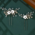 Set di forcine per capelli da sposa dorate con fiori bianchi e foglie di cristallo - Oro (HS-J5402)