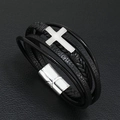 Mehrlagiges geflochtenes Lederarmband für Herren mit Kreuz und Magnetverschluss - Schwarz