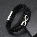 Men's multilayer black braided leather infinity bracelet with silver magnetic metal clasp - Black