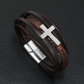 Mehrlagiges Herren-Lederarmband in Braun mit silbernem Kreuz und Magnetverschluss - Dunkelbraun
