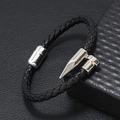 Pulsera de cuero trenzado negro para hombre con diseño de clavo plateado y cierre magnético - Cuero Negro Con Accesorios Plateados