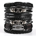 Mens punk multi-layer leather bracelet set with owl wing and skull charms on white background - Skull & Fish Bone Combination Style (TZ6-A02)