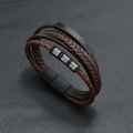 Men's multilayer braided leather bracelet with brown texture and black magnetic clasp - Dark Brown Leather + Black Accessories