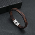 Bracelet minimaliste en cuir et acier inoxydable avec motif à carreaux marron chic - Café Foncé