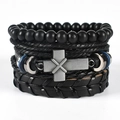 Detail view of multi-layer leather bracelets with black onyx beads and metal cross charm - Retro Cross Multi-layer Bracelet (TZ3 C06)