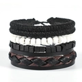 Close-up of multilayer men's woven bracelet with leather straps and matte beads - Black Woven Multilayer Style (TZ4 D06)