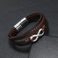 Men's multi-layer leather infinity bracelet with brown braided straps and silver magnetic clasp - Dark Coffee