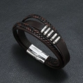Multi-layer braided leather bracelet for men with silver magnetic clasp and metal accents - Black Coffee