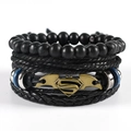 Black leather bracelet set featuring beaded strings and Batman Superman metal charms - Hero Symbol Multi-layer Bracelet (TZ3 C07)