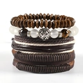 Multilayer leather braided bracelet set with lion head charm and wooden beads - Lion Head Combo Style (TZ4 D01)