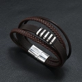 Men's multi-layer braided dark brown leather bracelet with silver magnetic metal clasp - Dark Coffee