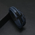 Men's multi-layer braided leather bracelet with black metal cross and magnetic clasp - Navy Blue
