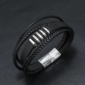 Close-up of men's multi-layer black woven leather bracelet with silver magnetic metal clasp - Black
