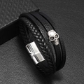 Bracciale punk in pelle intrecciata da uomo con teschio e chiusura magnetica - Nero