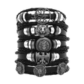 Set bracciali uomo multistrato in pelle nera con ciondoli vintage a teschio e testa di leone - Stile Albero della Vita