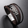 Men's multi-layer woven leather bracelet with cactus alloy charms and magnetic clasp - Coffee