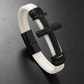 Herren Armband aus geflochtenem weißem Leder mit schwarzem Kreuz und Magnetverschluss - Weiß