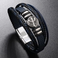Detail of multi-layer blue leather bracelet with silver magnetic clasp and vintage charm - Navy Blue