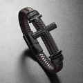 Detail of woven leather bracelet with black metal cross and magnetic matte clasp - Coffee And Black