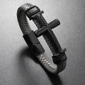 Close-up of men's gray woven leather bracelet with a black engraved metal cross - Gray