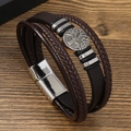 Handgewebtes mehrlagiges Lederarmband für Herren mit Lebensbaum-Metallanhänger und Magnetverschluss - Braun