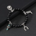 Western cowboy style multi-layer beaded bracelet with matte black beads and silver charms - Black