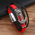 Men's multilayer braided leather bracelet with silver lion head and magnetic clasp - Black Red