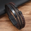 Detail of male braided leather bracelet with matte black metal plates and magnetic clasp - Coffee Leather + Black Metal