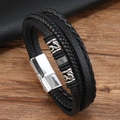 Men's multi-layer braided leather dragon bracelet with silver metal rings and magnetic clasp - Black