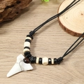 Bohemian shark tooth necklace with wood beads and tribal charms for summer surfing - Beige Series