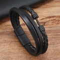 Detail of men's multilayer braided leather bracelet with matte metal plate and magnetic clasp - Black Leather + Black Metal