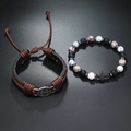 Armbandset met kruishanger, kralen en gevlochten leren band met Sint-Benedictus medaille - Bruin Leer Met Roze Zwart Witte Kralen (Kleur 1)