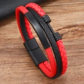 Detail of red and black multi-layer leather bracelet with matte black magnetic buckle - Black Red Leather + Black Metal