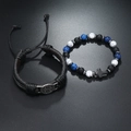 Heren lederen armband set met kruisbedel en zwarte kralen in vintage punk stijl - Zwart Leer Met Blauw Zwart Witte Kralen (Kleur 2)