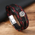 Bracciale multistrato in pelle da uomo con bussola, chiusura magnetica e corda intrecciata - Nero Rosso