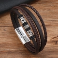 Pulsera de cuero trenzado multicapa con motivo de dragón y cierre magnético de plata - café